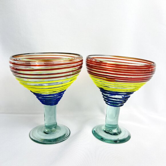 Mexican Hand-Blown Striped Margarita Glasses Heavy Large Barware 12 oz. Set of 2 - Picture 3 of 8